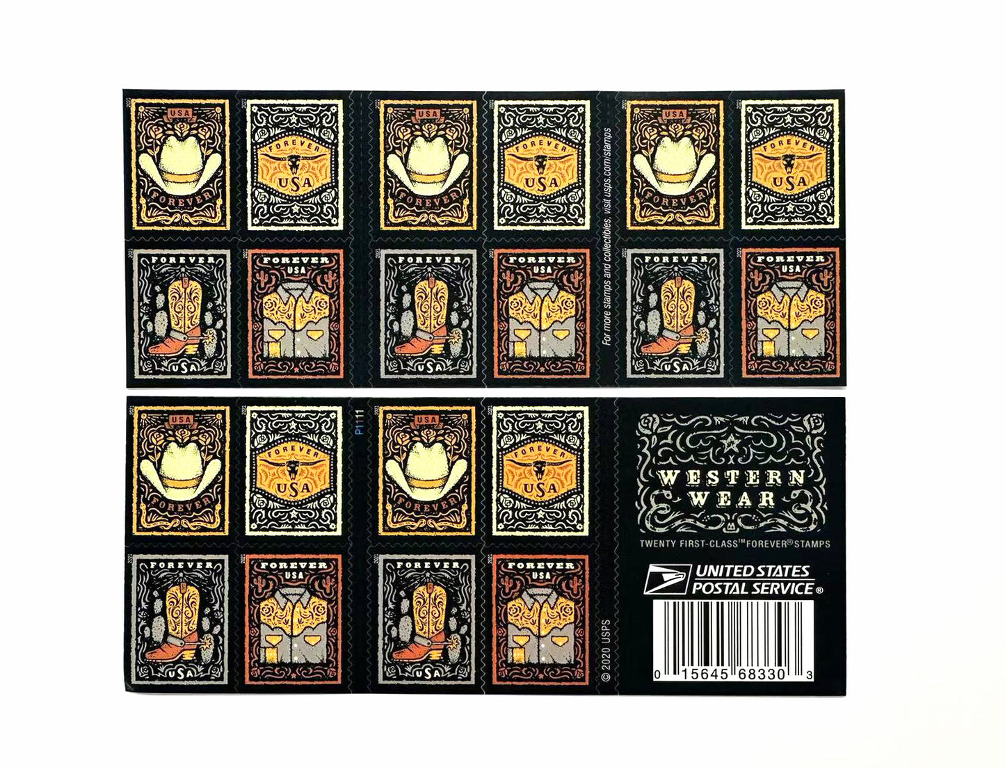 Western Wear (Cowboy Hat, Belt Buckle, Cowboy Boot with Spur, Western Shirt) Forever Postage Stamps image 0